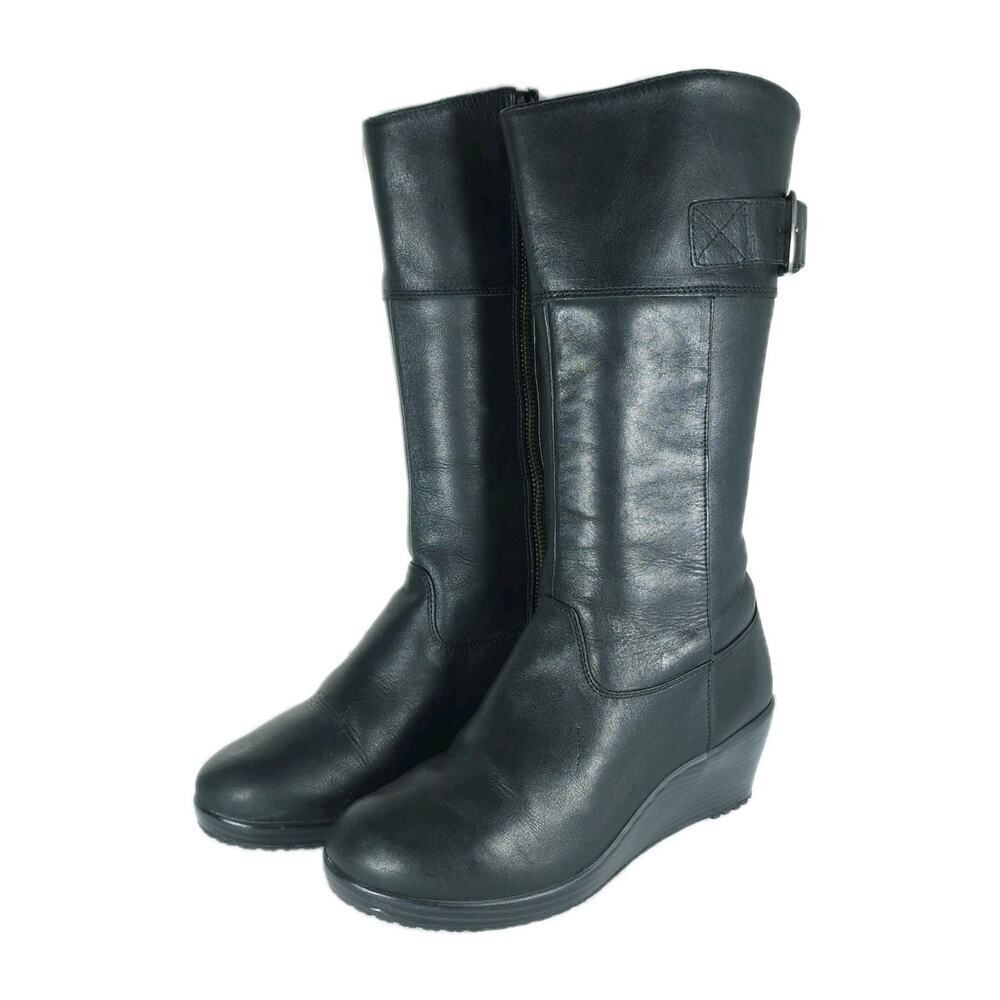 Crocs Women's A Leigh US6 Black Leather Side Zip Wedge Knee High Riding Boots